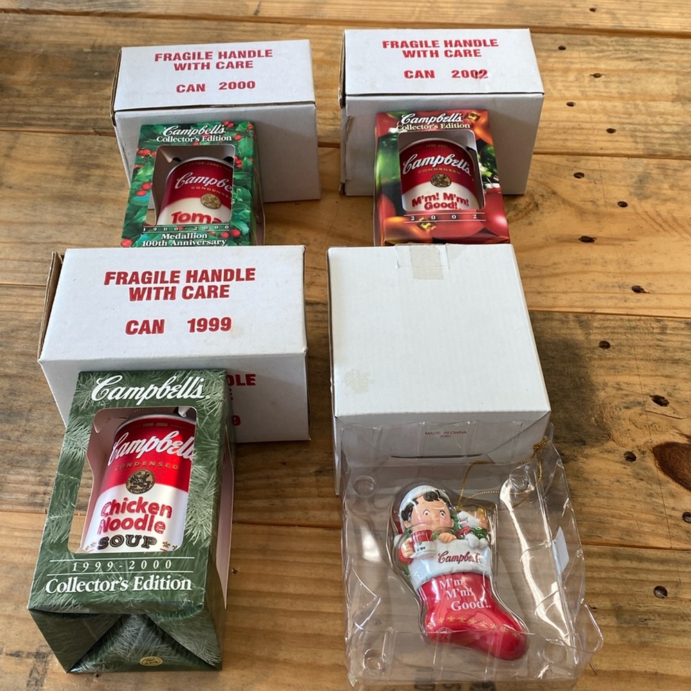 Campbell Soup collectible Christmas ornaments 1999, 2000, 2002